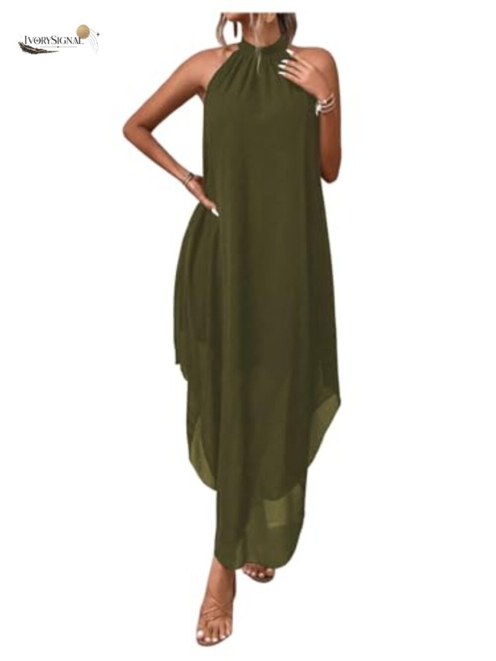 Womens Halter Neck Sleeveless Maxi Dress Flowy A-Line Chiffon Formal Wedding